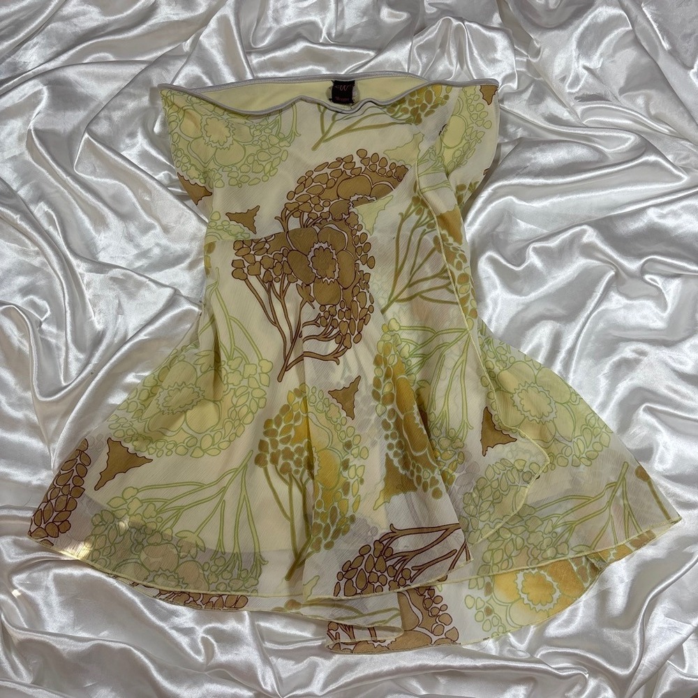 y2k Mini Skirt Yellow Good Floral Ruffle Asymmetrical Hem Wrapper Vintage